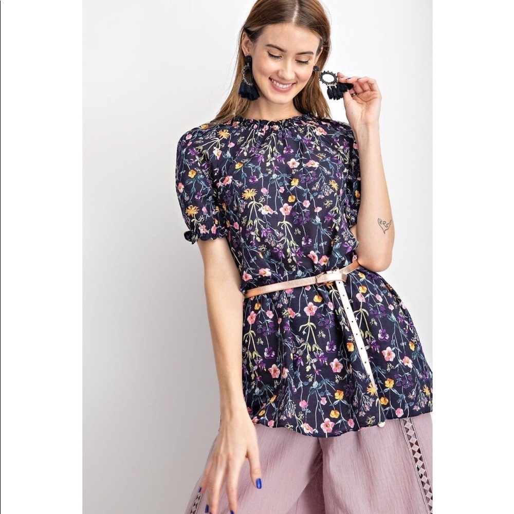 Retro Puff Sleeve Printed Voile Top